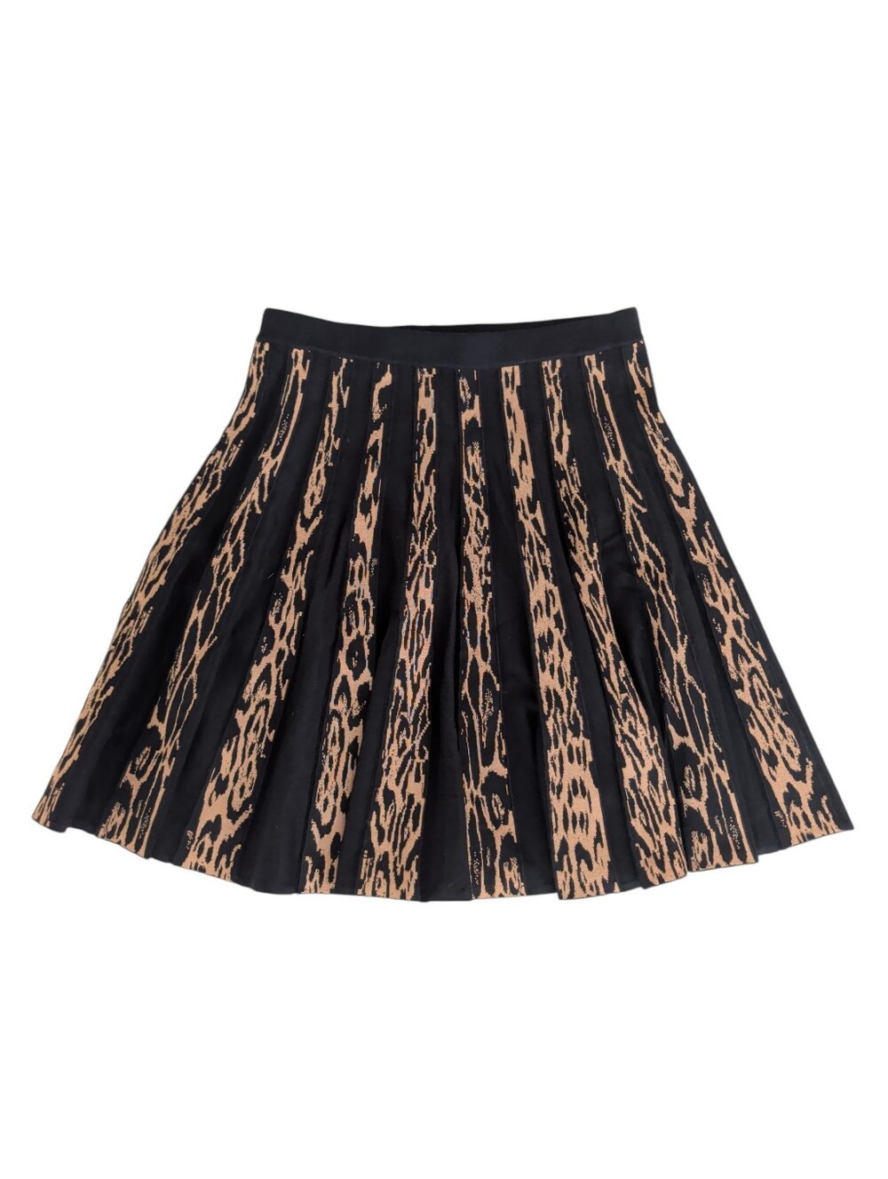 Grace Elements Pleated Leopard Stripe Print Knit A-Line Skirt SMALL Black Tan